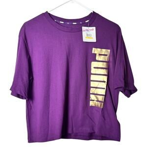 Puma Womens  Athletic Sporty Short Sleeve Purple Logo Crop Top Size M
